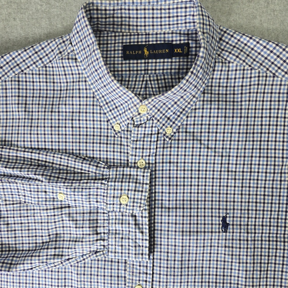 Ralph Lauren Shirt‎ Men 2XL XXL Blue Plaid Button Down Long Sleeve Pony Logo